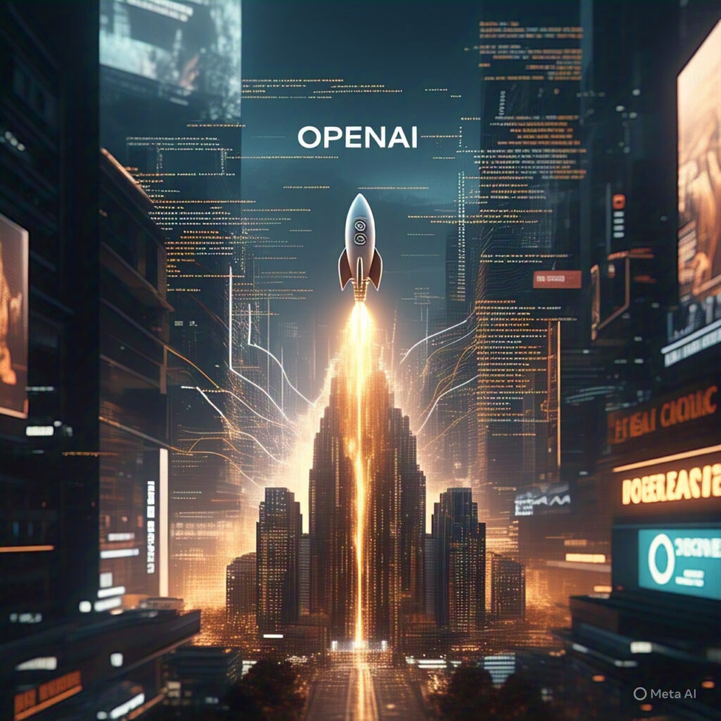 AI-powered brand rocket launch over futuristic OpenAI city in 8K.