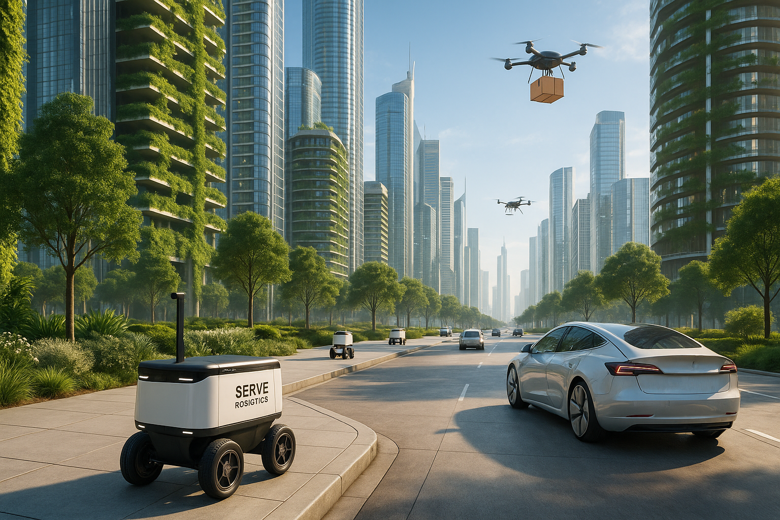 Serve Robotics delivery robot and drones operating in a futuristic smart city with green skyscrapers and autonomous vehicles.