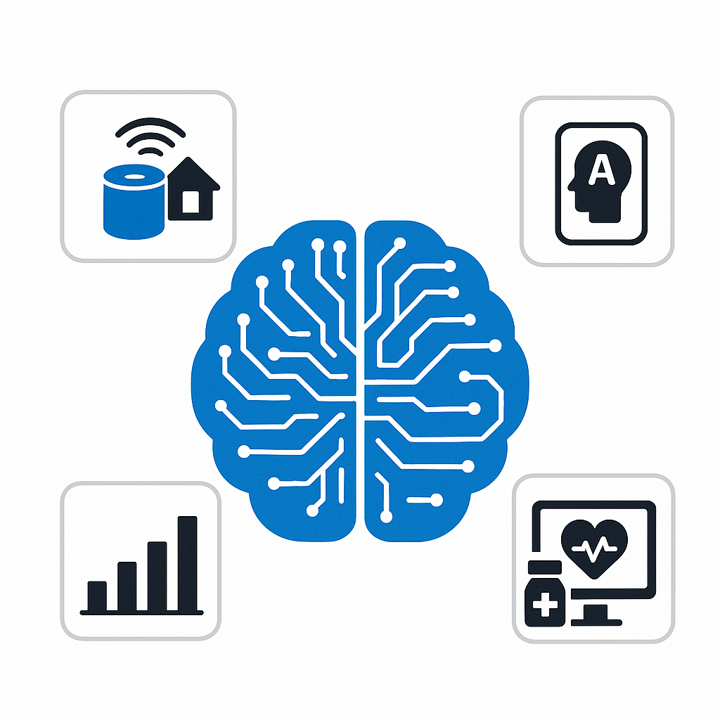 Flat digital illustration of a blue circuit-shaped brain surrounded by icons showing AI applications in smart homes, mobile, healthcare, and data analytics.