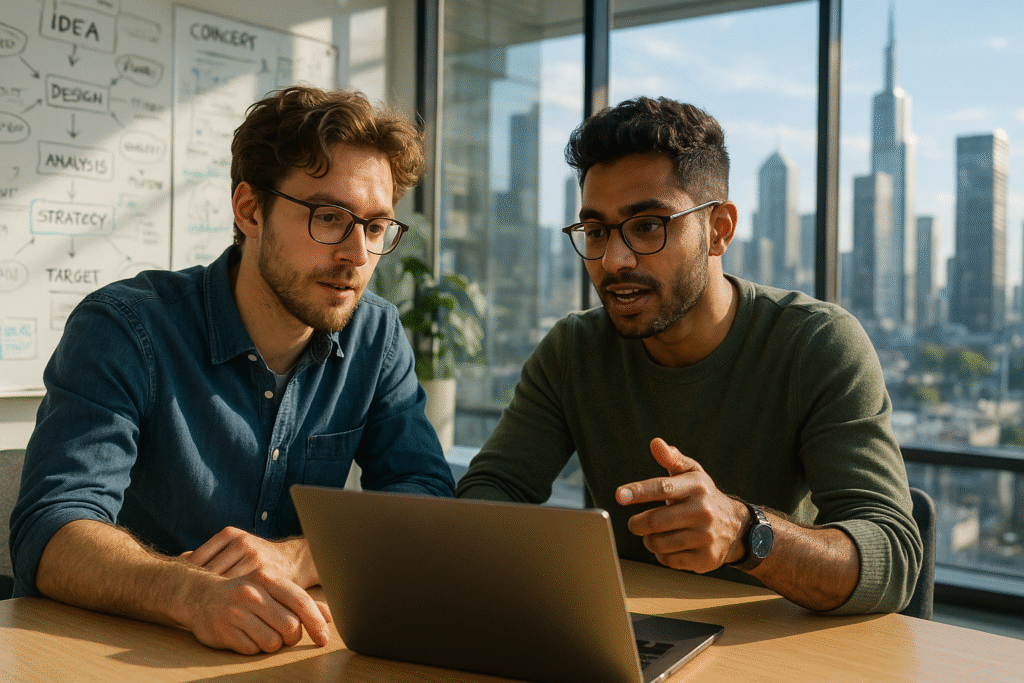 Two tech professionals collaborating on a laptop in a modern office with a whiteboard and city skyline in the background.