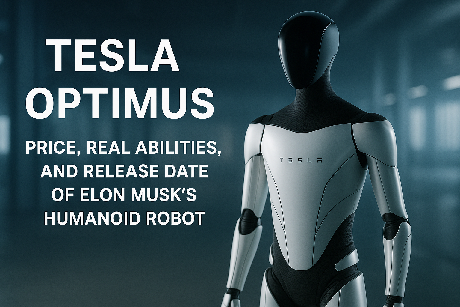 Realistic image of Tesla Optimus, Elon Musk’s humanoid robot, standing in a modern lab with glowing blue eyes and Tesla branding, showcasing its design and future abilities.