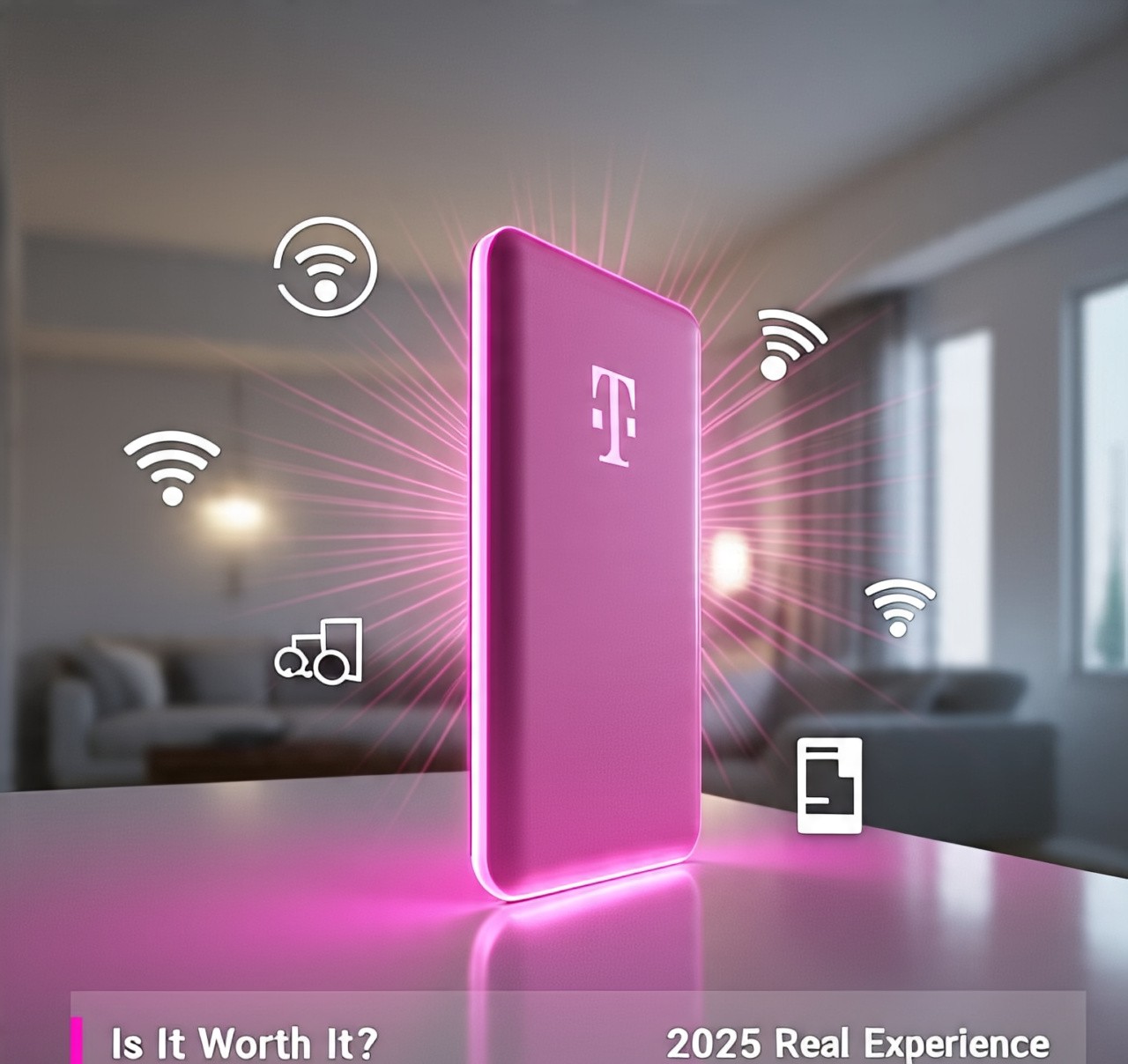 T-Mobile 5G home internet router glowing pink on a desk with Wi-Fi signals and speed icons in a modern cozy home background