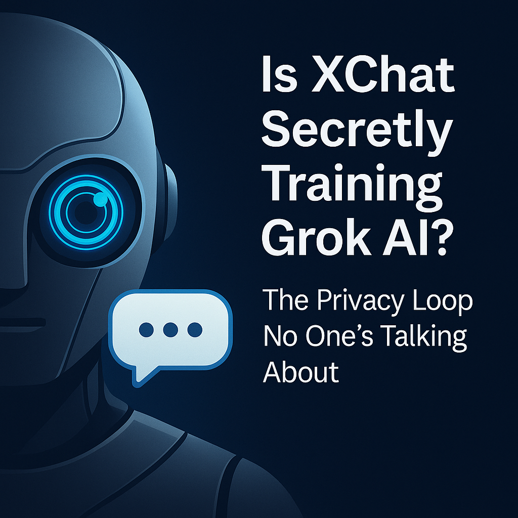 Futuristic AI eye scanning a chat bubble, suggesting Is XChat Training Grok AI Secretly?