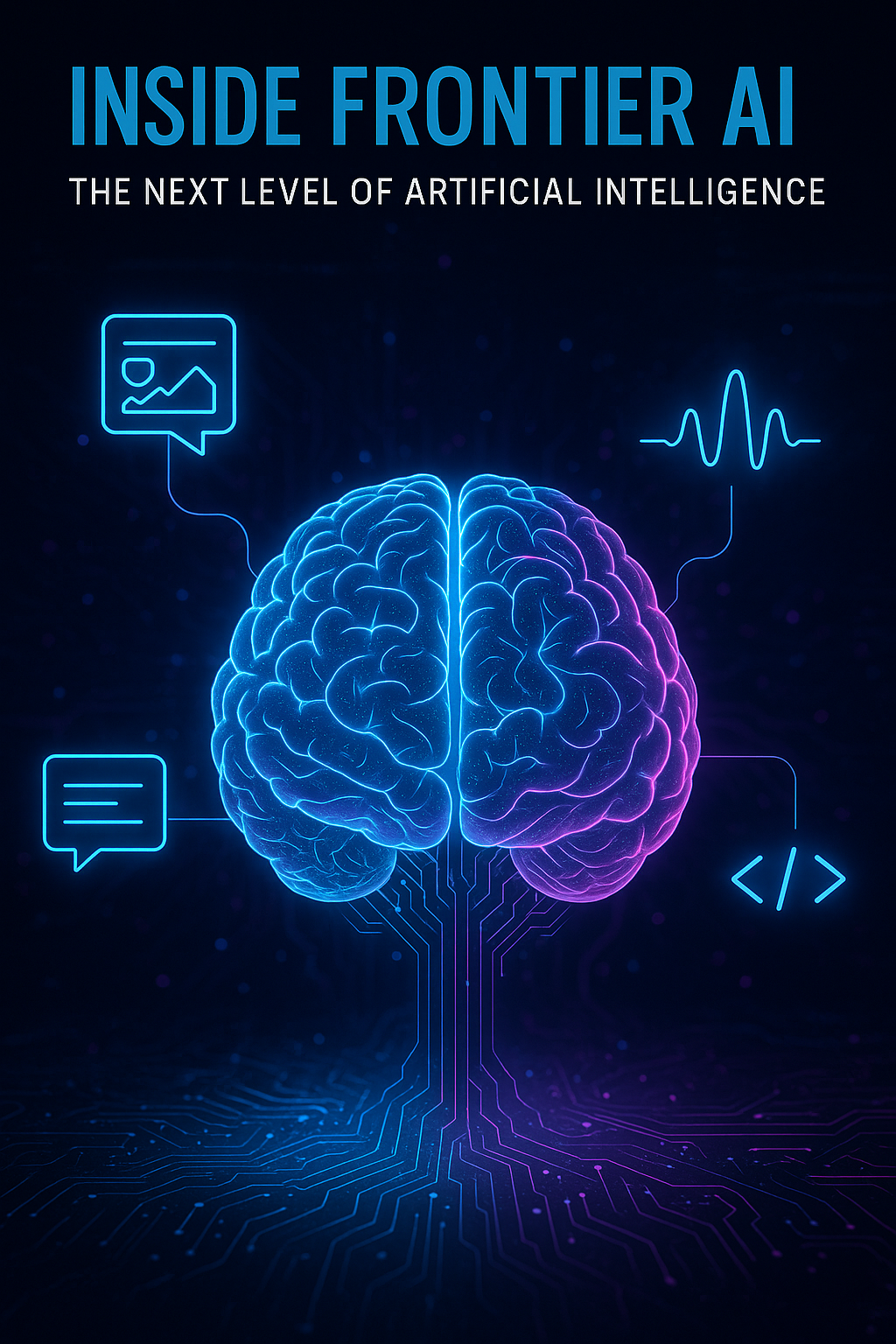 Futuristic AI brain connected to data streams representing frontier AI capabilities