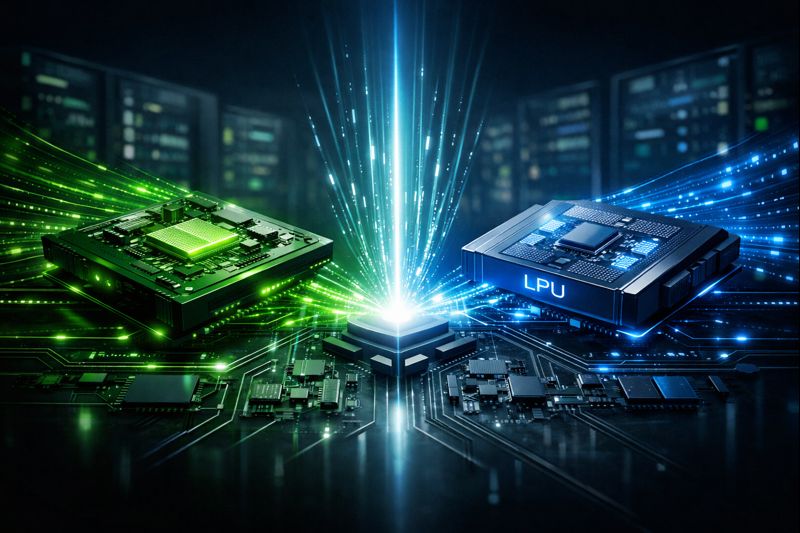**Alt Text:** Nvidia AI chip and Groq LPU merging in a futuristic digital ecosystem, symbolizing Nvidia’s AI chip dominance and advanced computing technology.