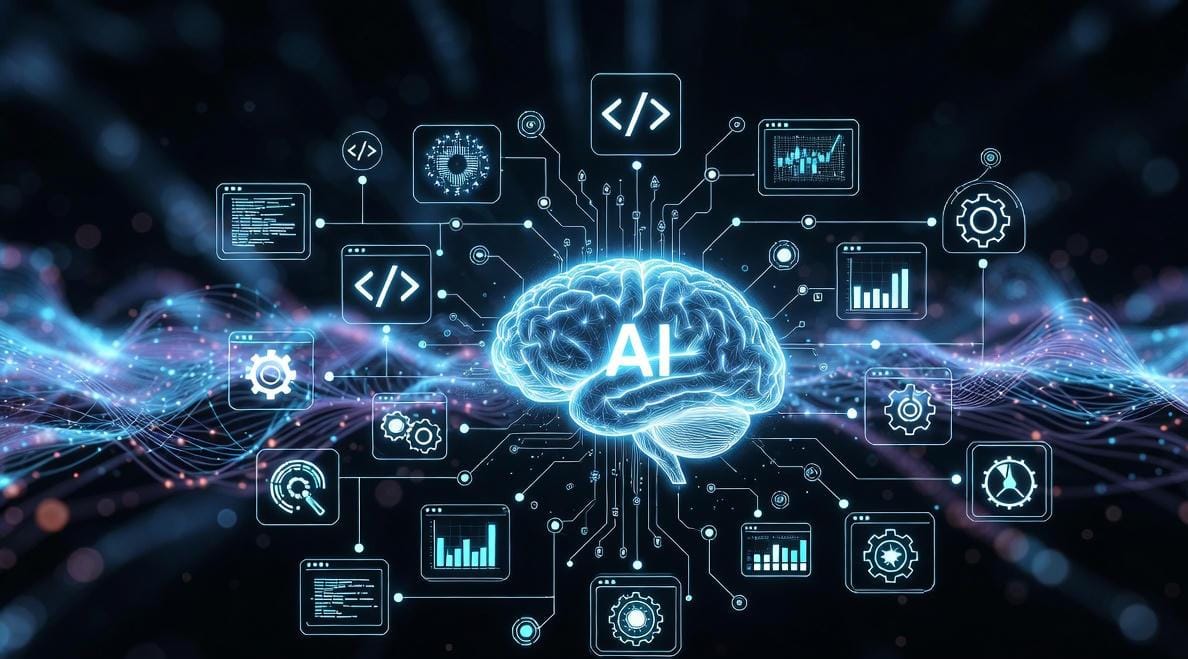 Futuristic illustration showing how AI tools work internally through neural networks, data processing, and machine learning intelligence.