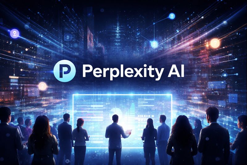 Futuristic digital illustration representing Perplexity AI, showing neural networks, data streams, and glowing circuits, symbolizing AI-powered search and advanced technology.