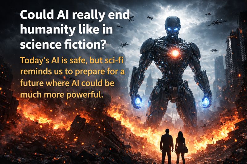 Futuristic humanoid AI robot with glowing eyes standing over a city skyline at night, with digital network patterns in the sky, illustrating sci-fi warnings about AI potentially threatening humanity.