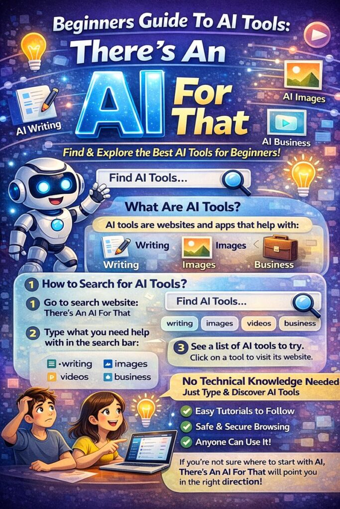 Beginner-friendly infographic explaining how to use There’s An AI For That to discover AI tools for writing, images, videos, and business
