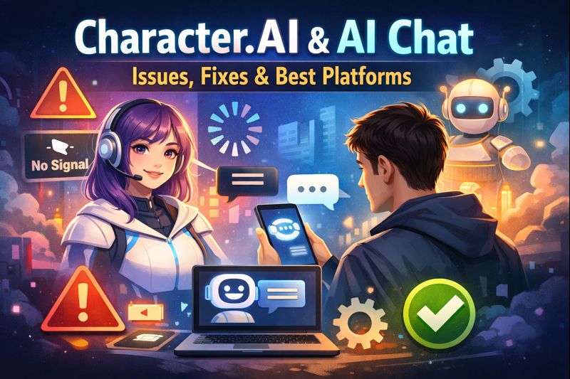 Illustration of AI chat with a friendly virtual character on a smartphone, showing conversation bubbles and messaging icons for Character.AI and AI chat platforms.