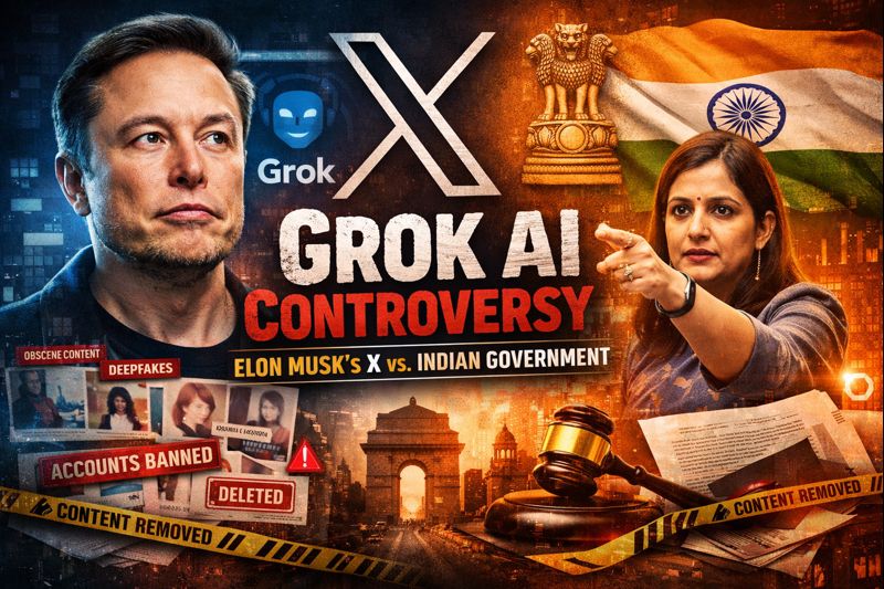 Grok AI controversy showing Elon Musk, X platform, and Indian government response over AI-generated obscene content