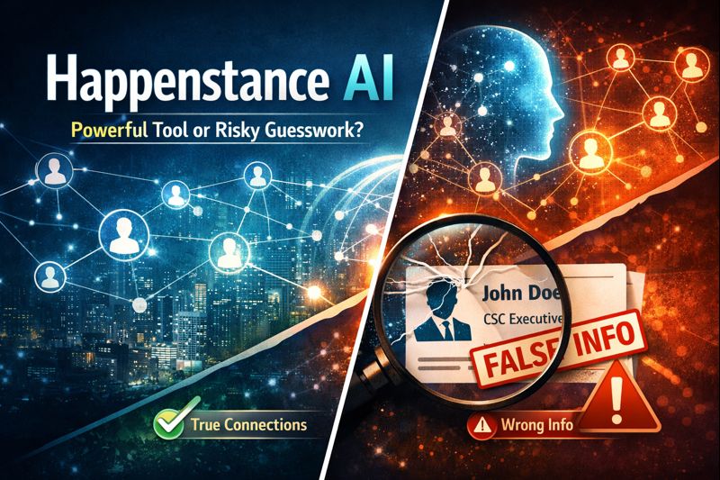 Featured image illustrating Happenstance AI review, showing AI-powered networking, people search, and the risk of false or incorrect professional information.