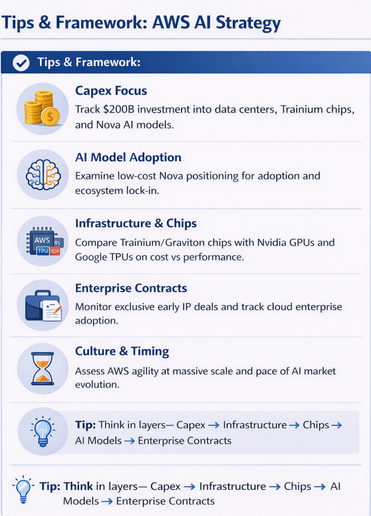 Icon-based checklist infographic showing AWS AI strategy framework: $200B Capex, Nova AI models, Trainium & Graviton chips, developer adoption, enterprise contracts, and culture — TechAscendant