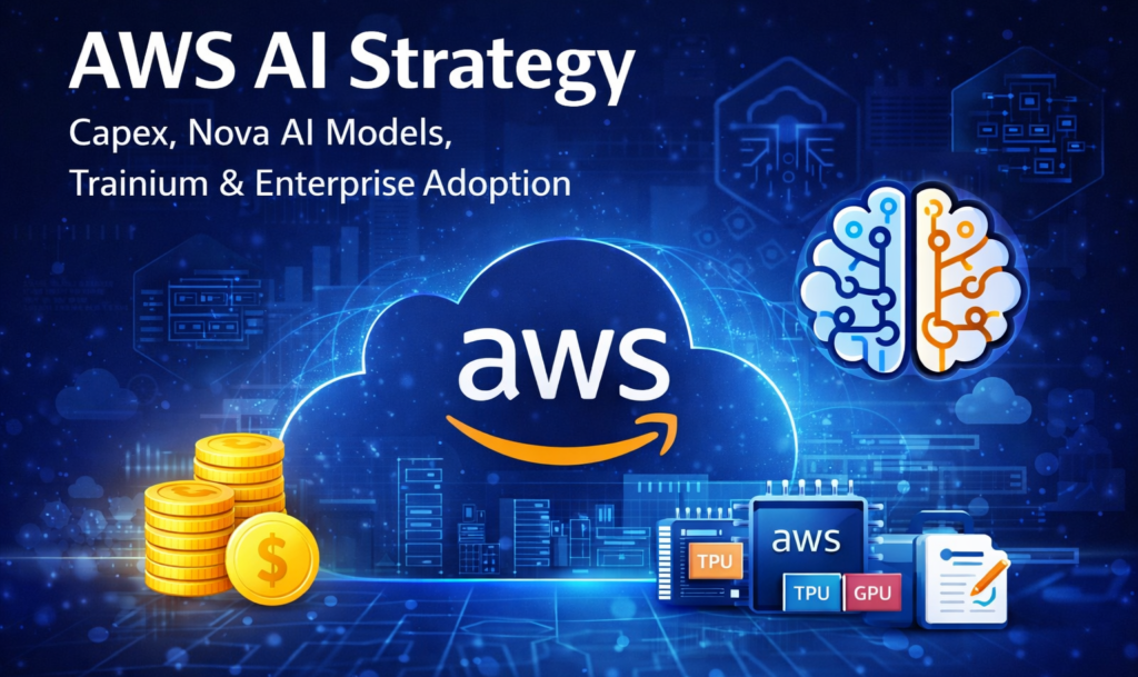 AWS AI strategy visual showing $200B Capex, Nova AI models, Trainium chips, cloud infrastructure, enterprise adoption — TechAscendant.