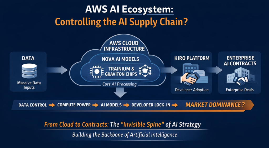 AWS AI strategy infographic: $200B Capex, Nova, Trainium, Graviton, cloud, enterprise AI — TechAscendant.