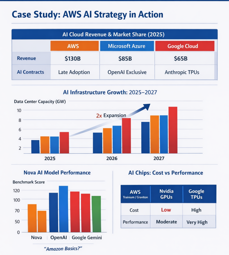 “Case study infographic of Amazon AWS AI strategy: $200B Capex, Nova AI models, Trainium and Graviton chips, cloud infrastructure, AI performance benchmarks, enterprise adoption — TechAscendant