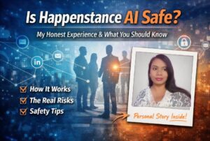 Feature image for the blog 'Is Happenstance AI Safe?' showing a tech-themed background with digital network icons, silhouettes of professionals, and a blank Polaroid-style frame for a personal photo. Highlights include key points: How It Works, The Real Risks, and Safety Tips.