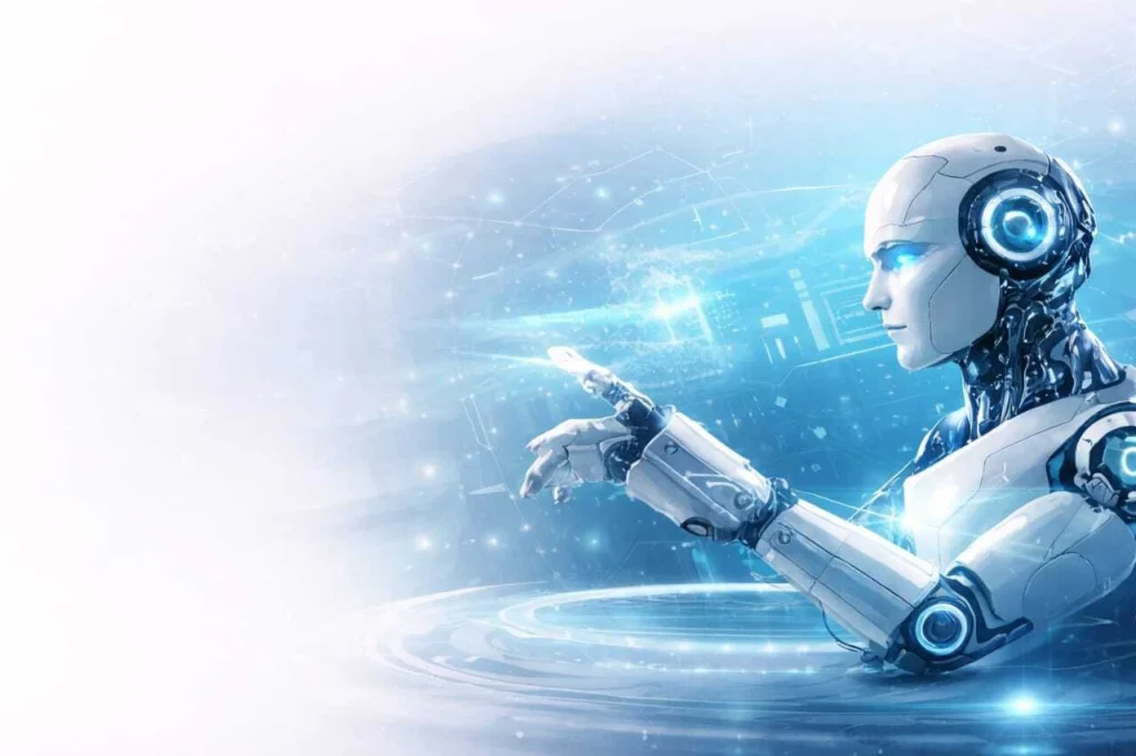 Futuristic humanoid robot interacting with digital interface representing artificial intelligence, machine learning, and future technology innovation.