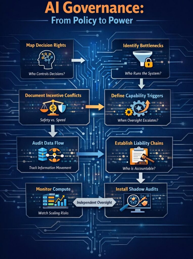 AI governance framework showing decision rights, bottlenecks, data flow, accountability, and oversight.