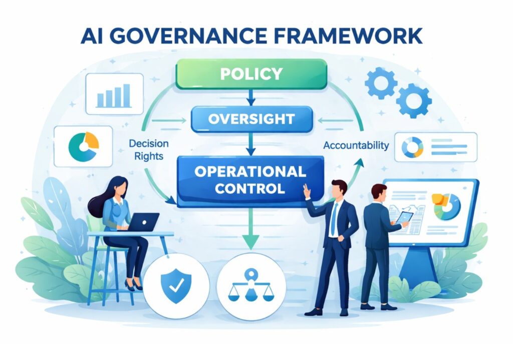 AI governance framework infographic showing policy, oversight, and operational control connected through decision rights and accountability for scalable decision systems.