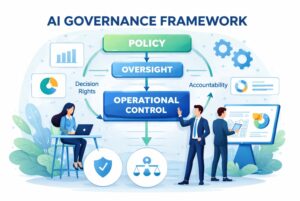 AI governance framework infographic showing policy, oversight, and operational control connected through decision rights and accountability for scalable decision systems.