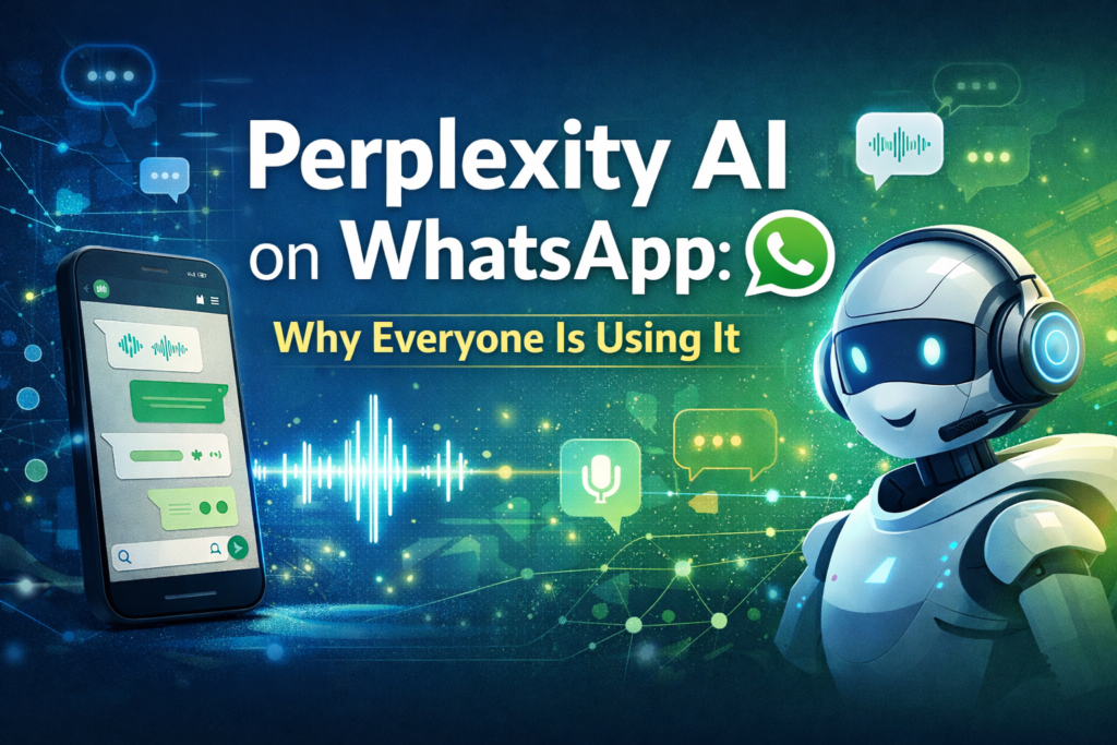 Perplexity AI on WhatsApp with voice interaction, AI assistant, and chat interface showing how users ask questions and get instant answers
