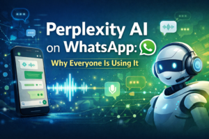 Perplexity AI on WhatsApp with voice interaction, AI assistant, and chat interface showing how users ask questions and get instant answers